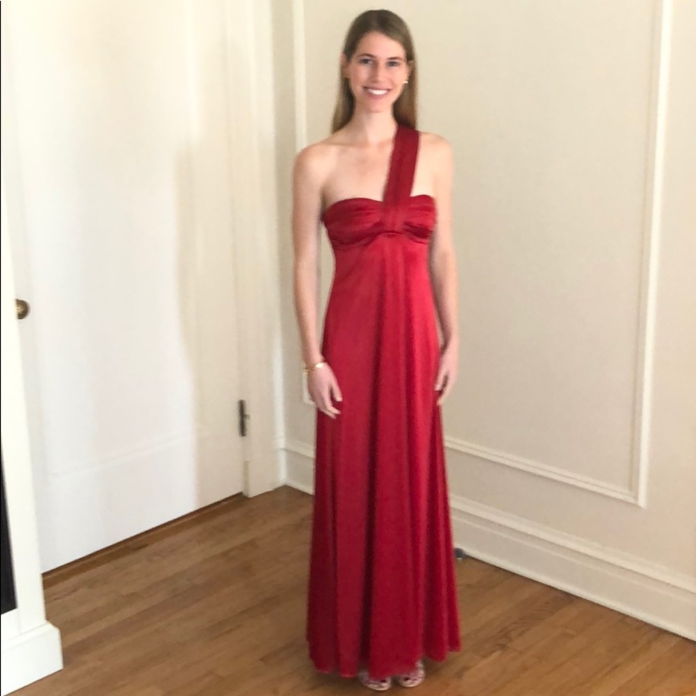 Stunning red satin one shoulder ball gown